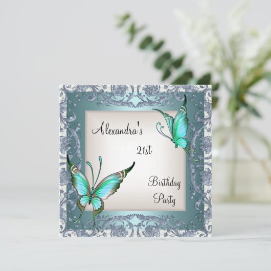 21e verjaardag Blauwgroen Floral Butterfly Silver  Kaart (Staand voorkant)