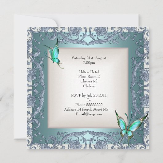 21e verjaardag Blauwgroen Floral Butterfly Silver  Kaart (Achterkant)