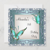 21e verjaardag Blauwgroen Floral Butterfly Silver  Kaart (Voorkant)