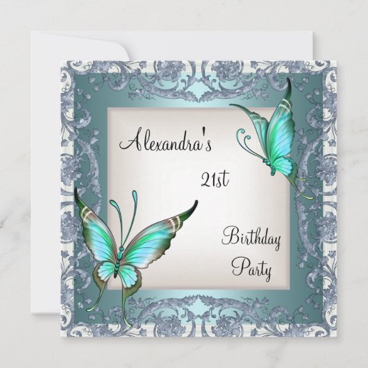 21e verjaardag Blauwgroen Floral Butterfly Silver  Kaart (Voorkant)