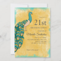 21e verjaardag Blauwgroen gele Waterverf Peacock