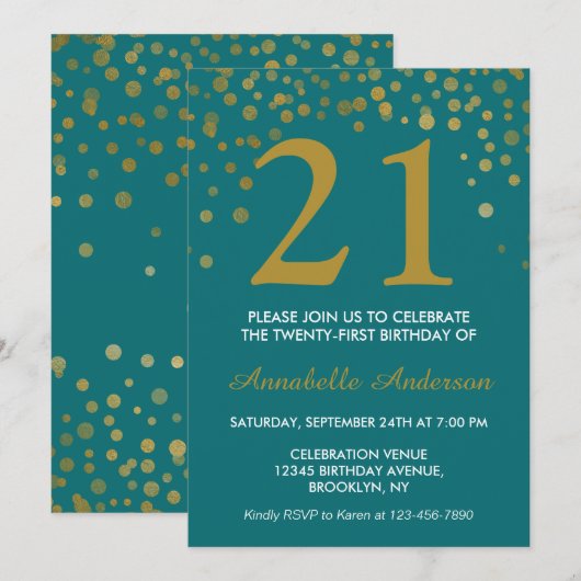 21e Verjaardag Blauwgroen Gouden Confetti Dot Glam Kaart (Voorkant / Achterkant)