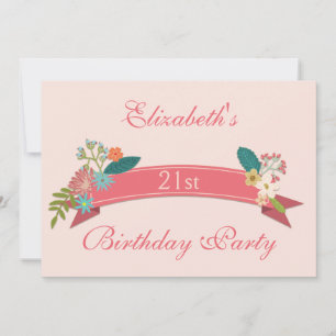 21e verjaardag bloemen roze banner kaart