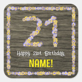 21e verjaardag: Bloemgetal, Faux Wood Look, Naam Vierkante Sticker (Voorkant)