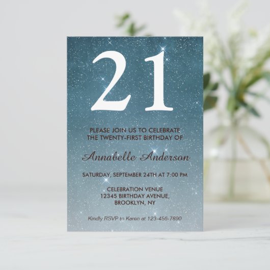 21e verjaardag Blue Midnight Night Sky Star Sparkl Kaart (Staand voorkant)