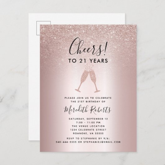 21e verjaardag Blush Glitter Champagne Toast Invit Briefkaart (Voorkant / Achterkant)