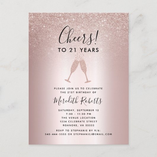 21e verjaardag Blush Glitter Champagne Toast Invit Briefkaart (Voorkant)