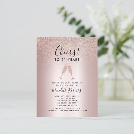 21e verjaardag Blush Glitter Champagne Toast Invit Briefkaart (Staand voorkant)