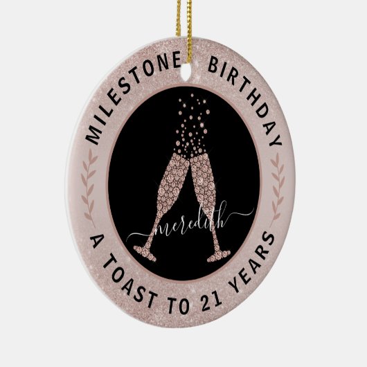 21e verjaardag Blush Glitter Champagne Toast Name Keramisch Ornament (Rechts)