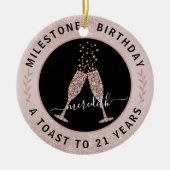 21e verjaardag Blush Glitter Champagne Toast Name Keramisch Ornament (Voorkant)