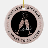 21e verjaardag Blush Glitter Champagne Toast Name Keramisch Ornament (Achterkant)