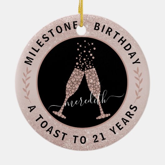 21e verjaardag Blush Glitter Champagne Toast Name Keramisch Ornament (Achterkant)