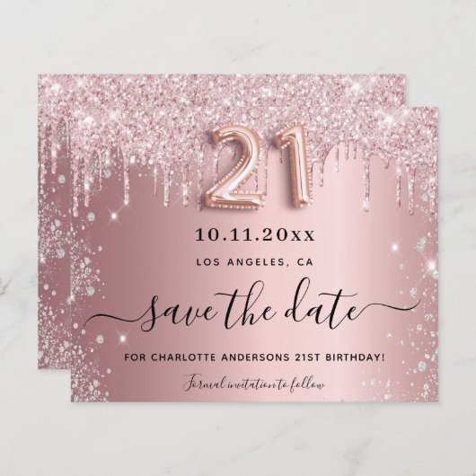 21e verjaardag blush glitter save the date kaart (Voorkant / Achterkant)