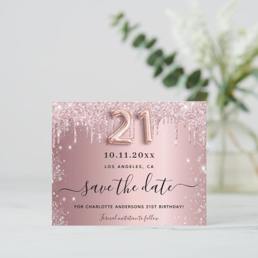 21e verjaardag blush glitter save the date kaart (Staand voorkant)