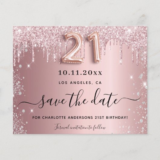 21e verjaardag blush glitter save the date kaart (Voorkant)