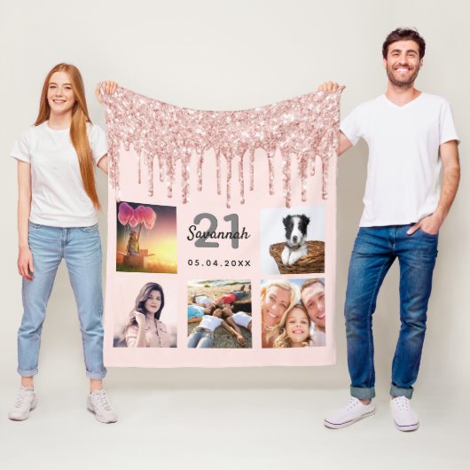 21e verjaardag blush roze gouden glitters dips naa fleece deken (In situ)