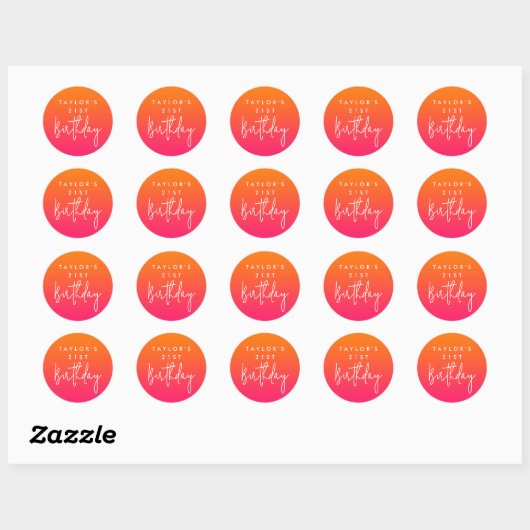 21e verjaardag Bright Hot Pink en Sinaasappel Ombr Ronde Sticker (Vel)