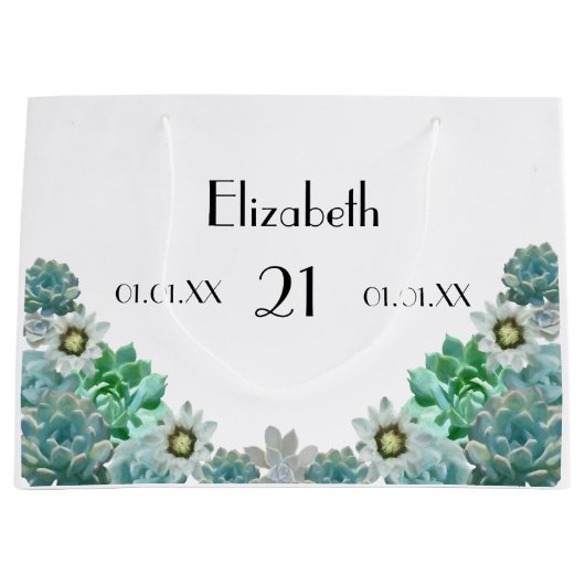 21e verjaardag cactus bloemen vetplanten wit groot cadeauzakje (Voorkant)