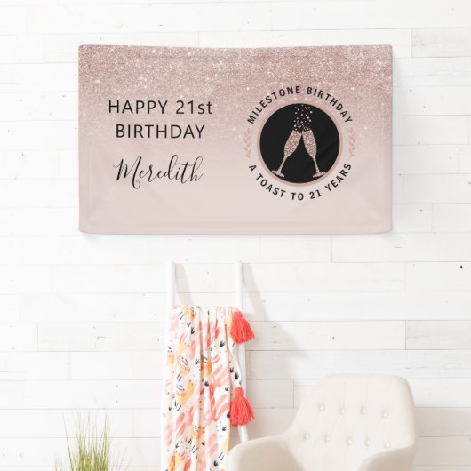 21e verjaardag Champagne Toast Horizontale Glitter Spandoek (Insitu)