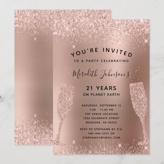 21e verjaardag Champagne Toast Roos Gold Glitter Kaart (Voorkant / Achterkant)