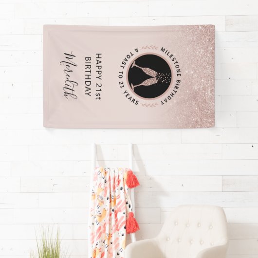 21e verjaardag Champagne Toast Verticaal glitter Spandoek (Insitu)