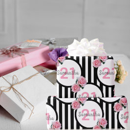 21e verjaardag chic roze rozen zwart witte strepen cadeaupapier