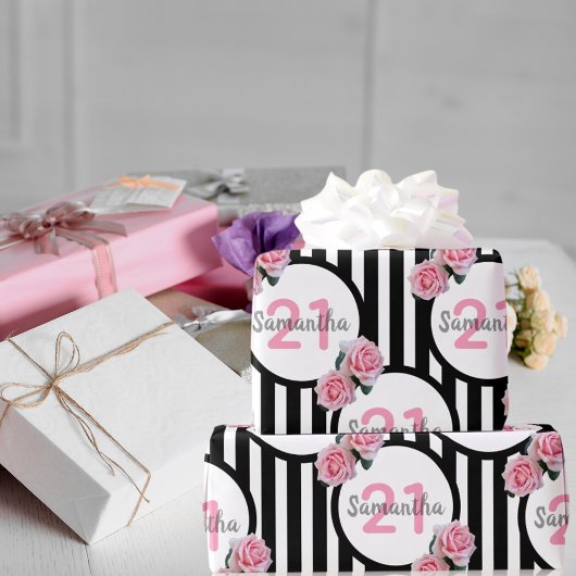 21e verjaardag chic roze rozen zwart witte strepen cadeaupapier