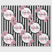 21e verjaardag chic roze rozen zwarte witte strepe cadeaupapier (Vlak)