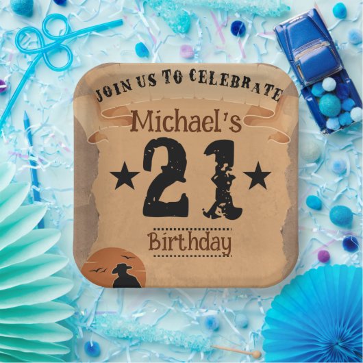 21e verjaardag cowboy wild west oud papier papieren bordje (Feest)
