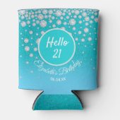 21e verjaardag diamant blauwgroen blauwe glitter blikjeskoeler (Voorkant)