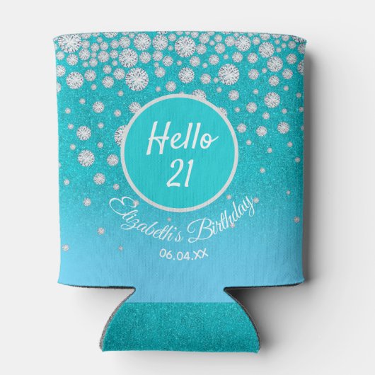 21e verjaardag diamant blauwgroen blauwe glitter blikjeskoeler (Achterkant)