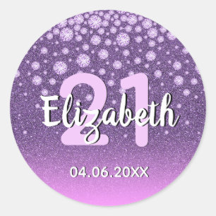 21e verjaardag diamant glitter paars roze ronde sticker