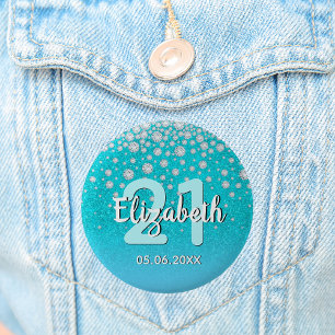 21e verjaardag diamanten glitter blauwgroen blauw  ronde button 5,7 cm