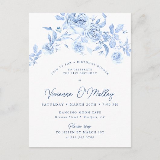 21e verjaardag Dinner Party Blauwe Bloemen Uitnodiging Briefkaart (Voorkant)