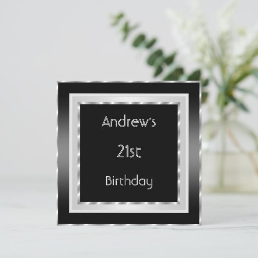 21e verjaardag Elegant Black White Silver Mannen Kaart (Staand voorkant)