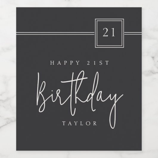 21e verjaardag Elegant minimalistisch zwart Wijn Etiket (Enkel label)