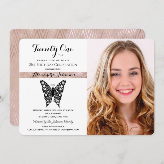 21e verjaardag Elegant Roze Zwart & Wit Foto Kaart (Voorkant / Achterkant)