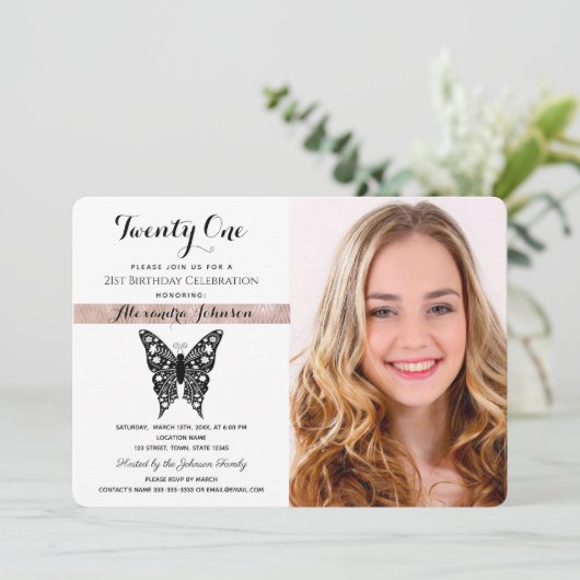 21e verjaardag Elegant Roze Zwart & Wit Foto Kaart (Staand voorkant)