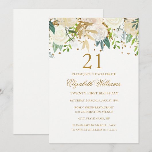 21e verjaardag Elegante gouden bloemen uitnodiging (Voorkant / Achterkant)