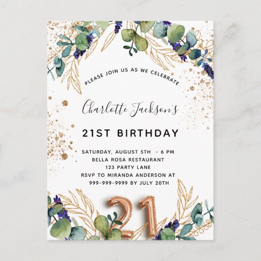 21e verjaardag eucalyptus greenery glitter elegant uitnodiging briefkaart (Voorkant)