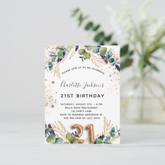 21e verjaardag eucalyptus greenery glitter elegant uitnodiging briefkaart (Staand voorkant)