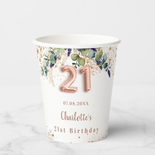 21e verjaardag eucalyptus greenery glitter monogra papieren bekers (Voorkant)