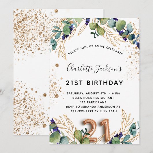 21e verjaardag eucalyptus groen glitters elegant kaart (Voorkant / Achterkant)