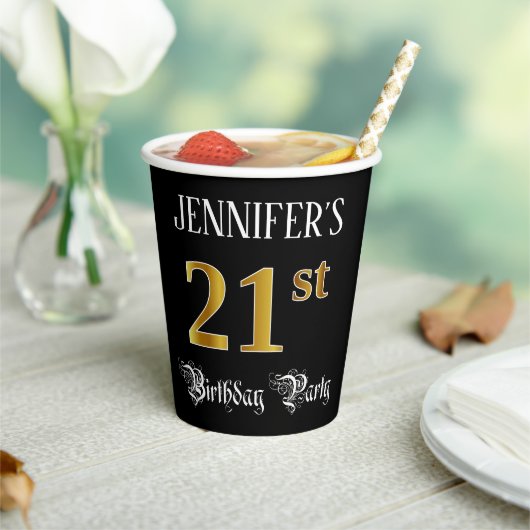 21e verjaardag — Fancy script, Faux Gold look Papieren Bekers (Insitu)
