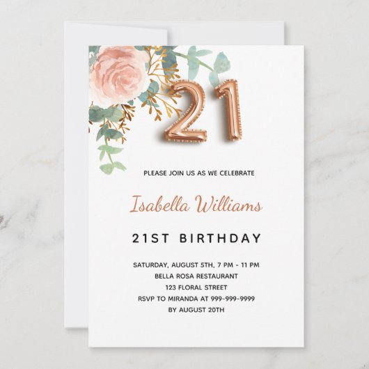 21e verjaardag floraal roos goud eucalyptus greene kaart (Voorkant)