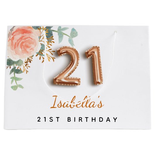 21e verjaardag floraal roos goud eucalyptusverjaar groot cadeauzakje (Voorkant)