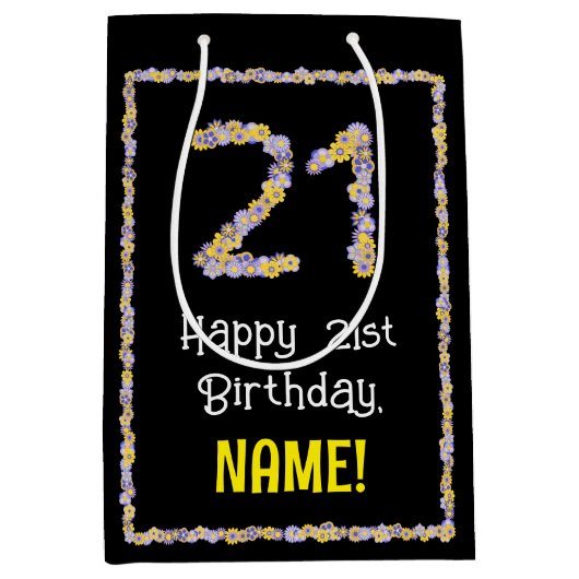 21e verjaardag: Floral Flowers Number, Custom Name Medium Cadeauzakje (Voorkant)