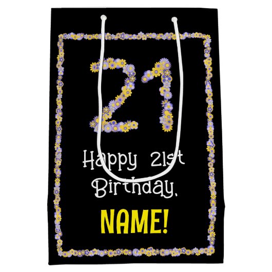 21e verjaardag: Floral Flowers Number, Custom Name Medium Cadeauzakje (Achterkant)