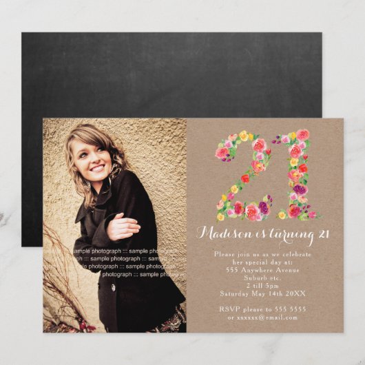 21e verjaardag Floral Girls Party Foto Kaart (Voorkant / Achterkant)