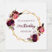 21e verjaardag floral gold white geometric name wijn etiket (Enkel label)